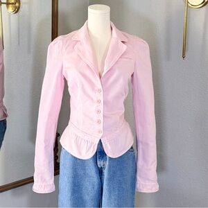 VTG 00s Juicy Couture Pink Denim Peplum Jacket P Made in USA Ruffle Heart McBlin